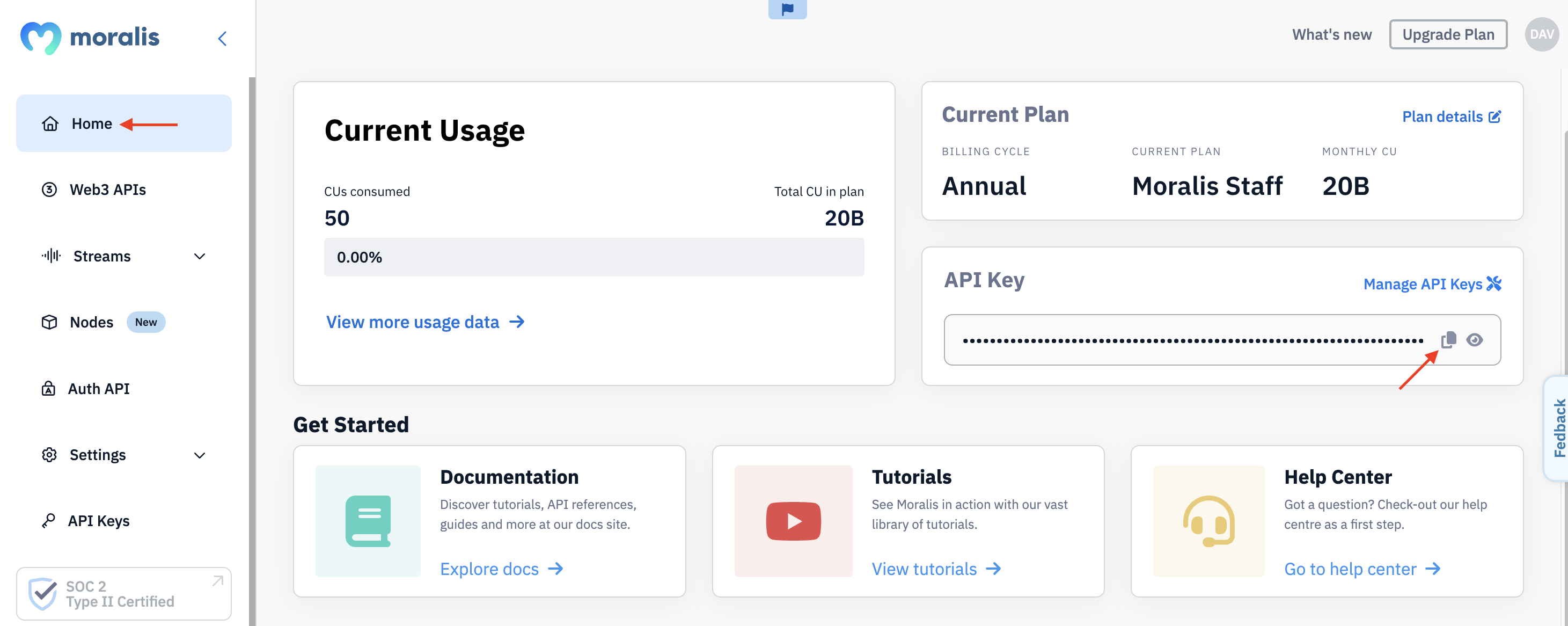 Arrow pointing at copy button for Moralis API key.