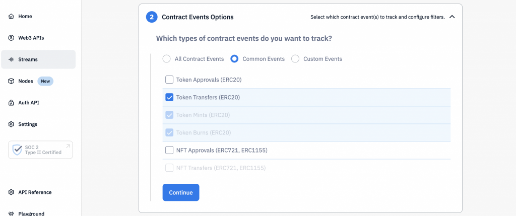 "Token Transfers" checked when creating a stream using the Streams API.