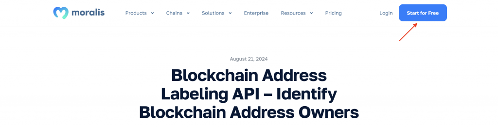 Red arrow pointing at "Start for Free" button on Moralis home page.