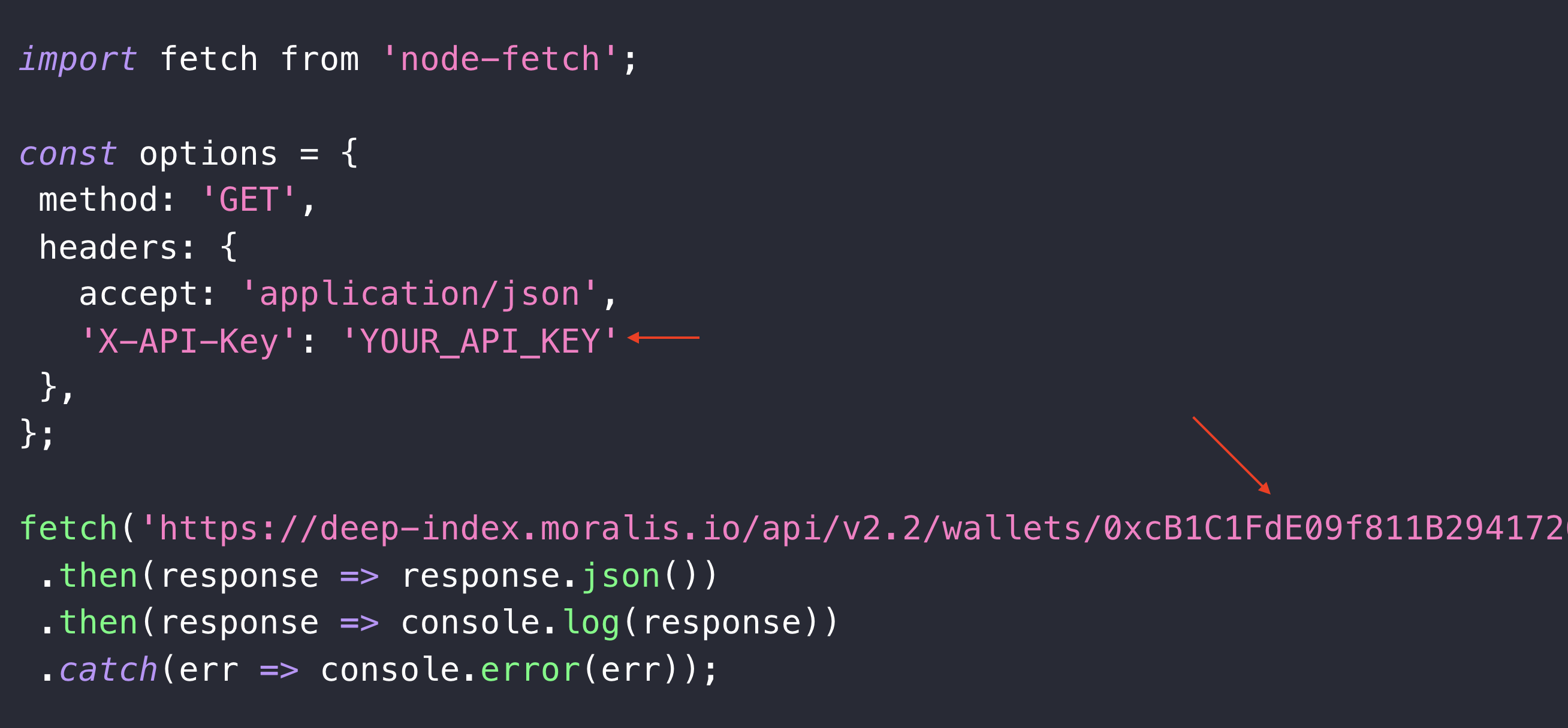 Red arrows pointing at "YOUR_API_KEY" and address parameter. 