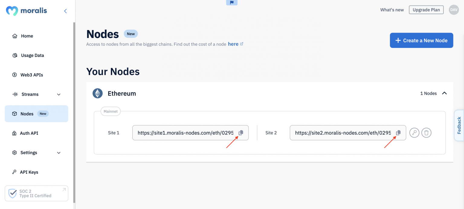 Red arrows pointing at copy button for Ethereum RPC nodes. 