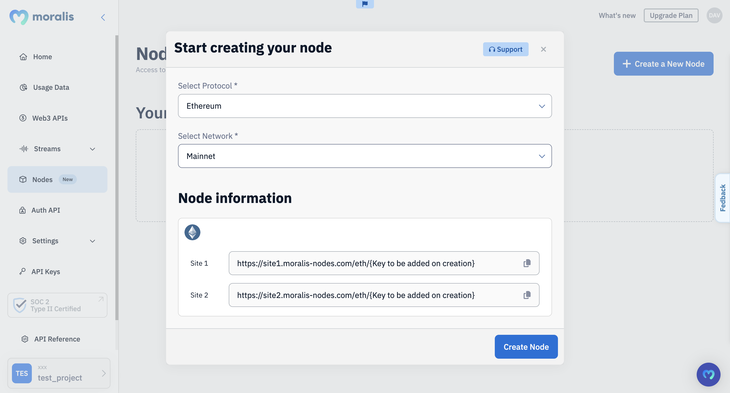 "Ethereum" and "Mainnet" selected when creating node.