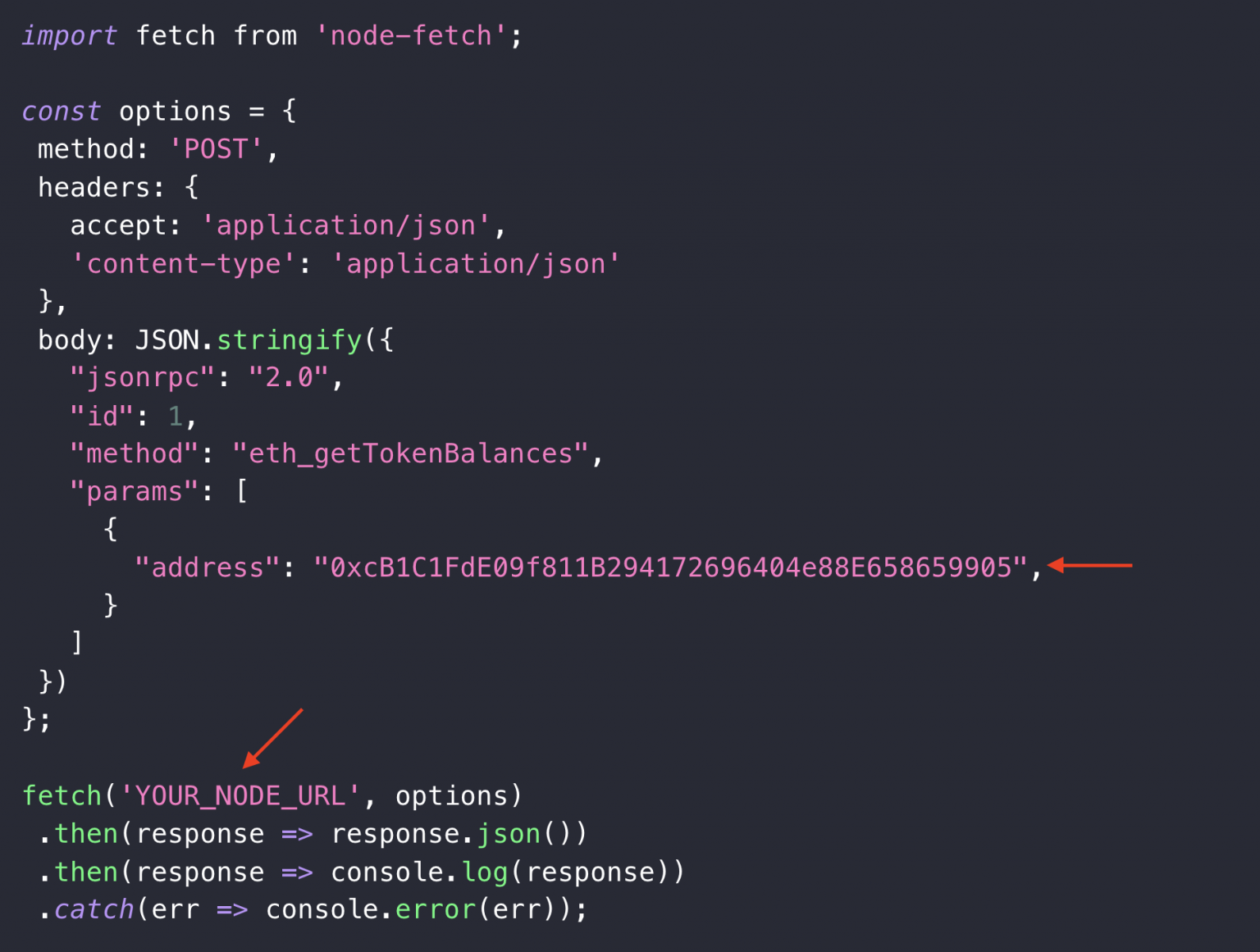 Red arrows pointing at address and YOUR_NODE_URL in code editor.