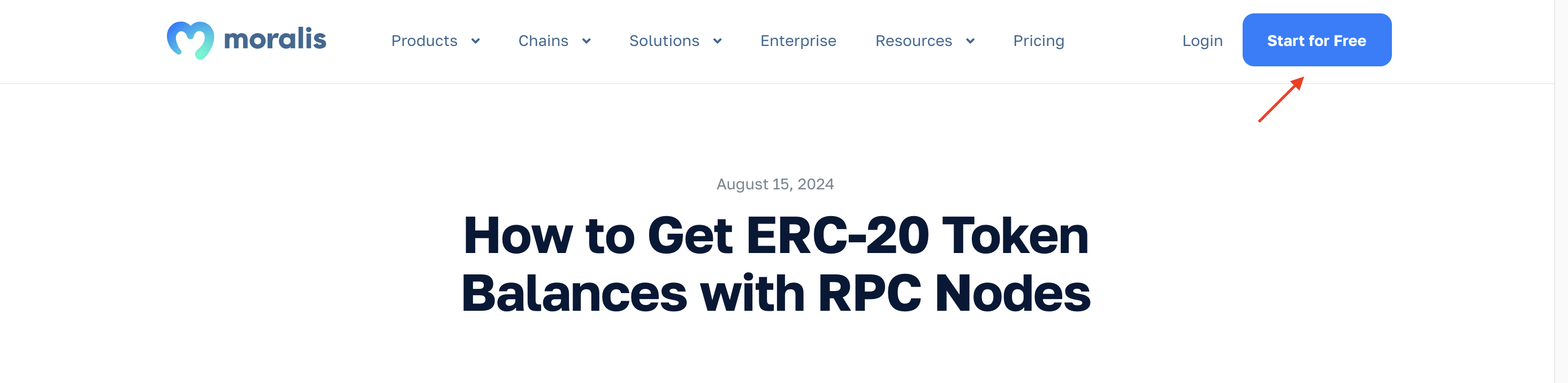 Red arrow pointing at "Start for Free" button on Moralis.io.