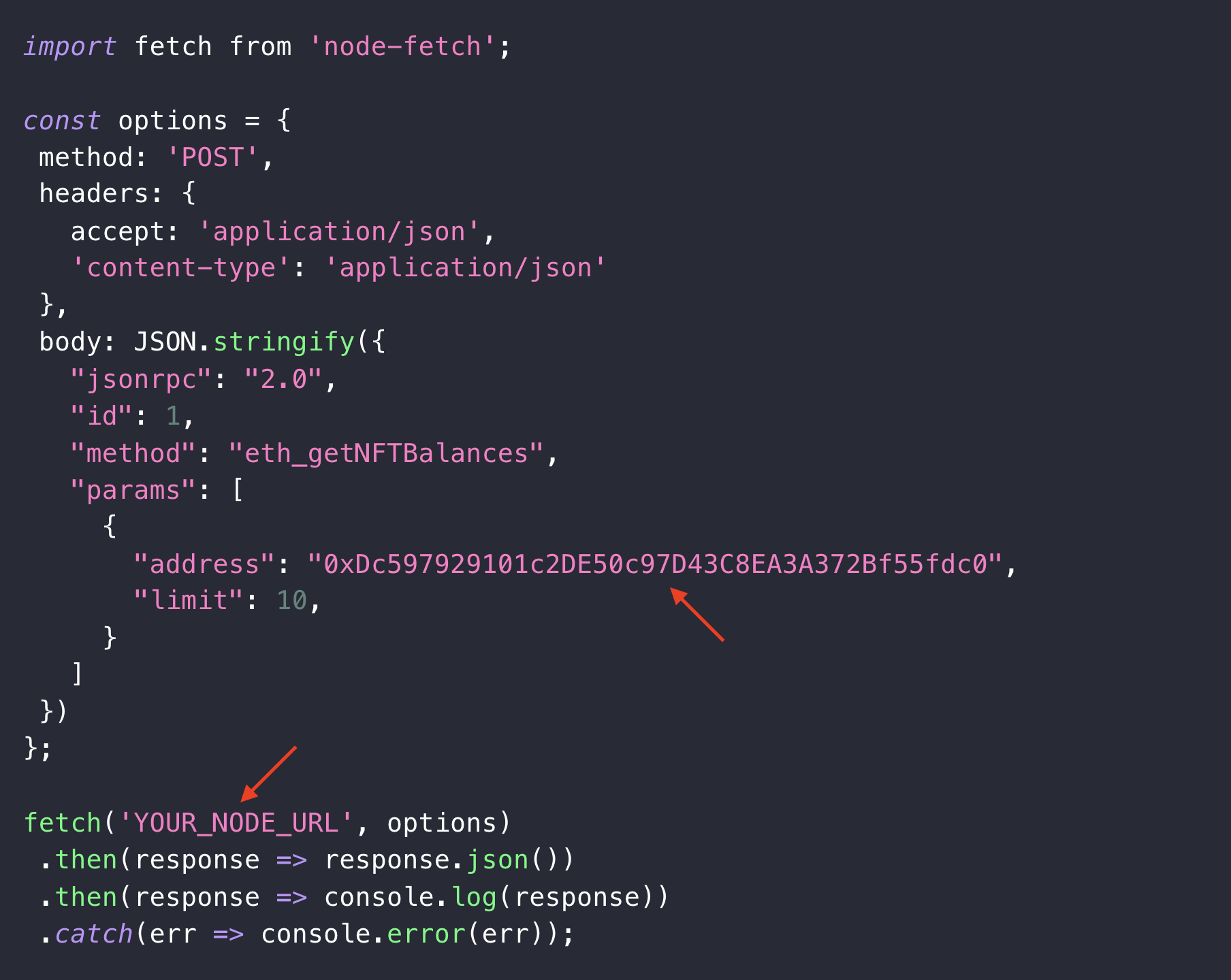 Red arrows pointing at address and YOUR_NODE_URL parameters in code editor.