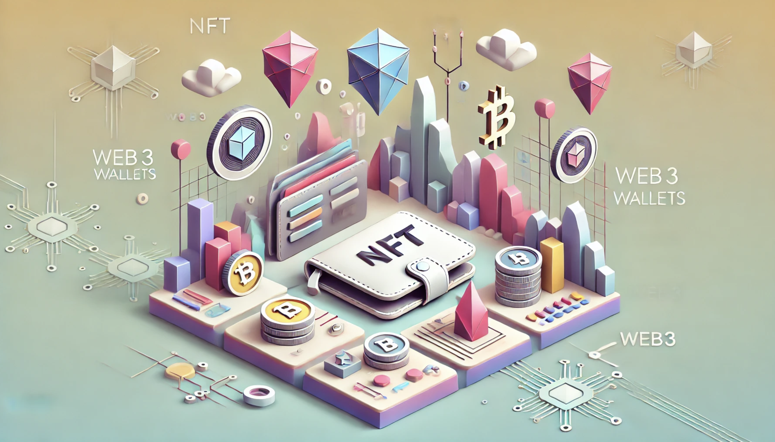 Wallet surrounded by NFT and tokens. 