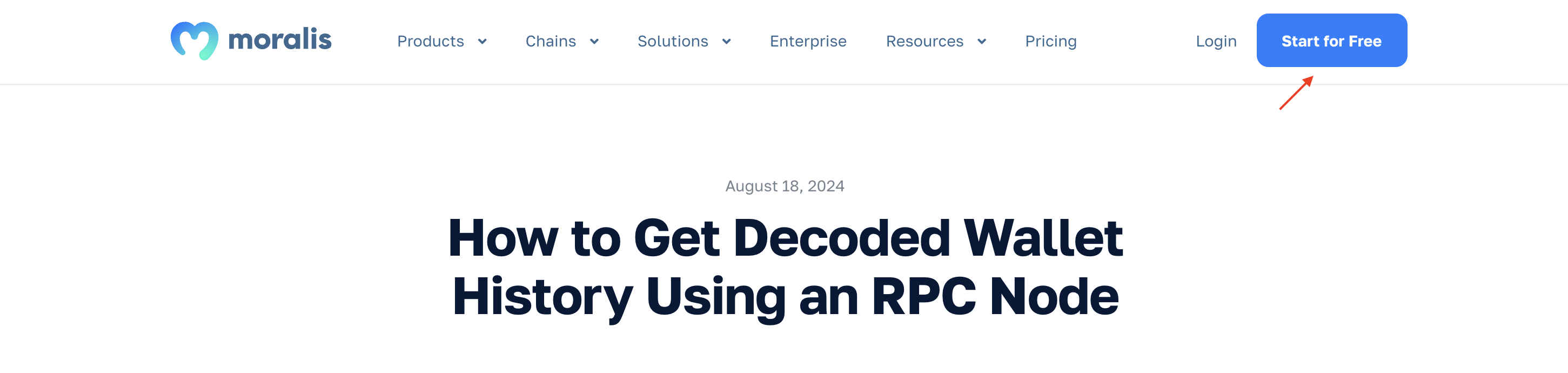 Arrow pointing at "Start for Free" button at Moralis website.