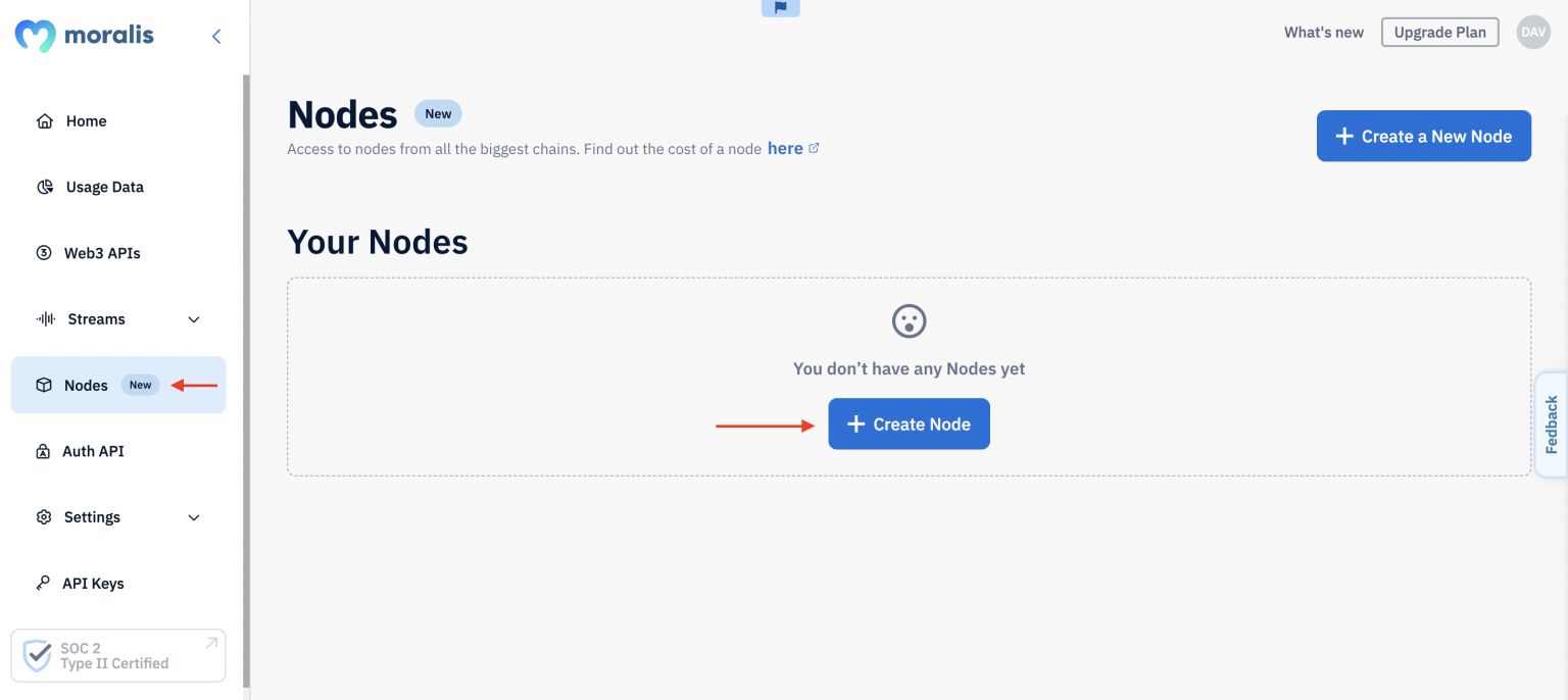 Red arrow pointing at "Nodes" tab and "+ Create Node" button