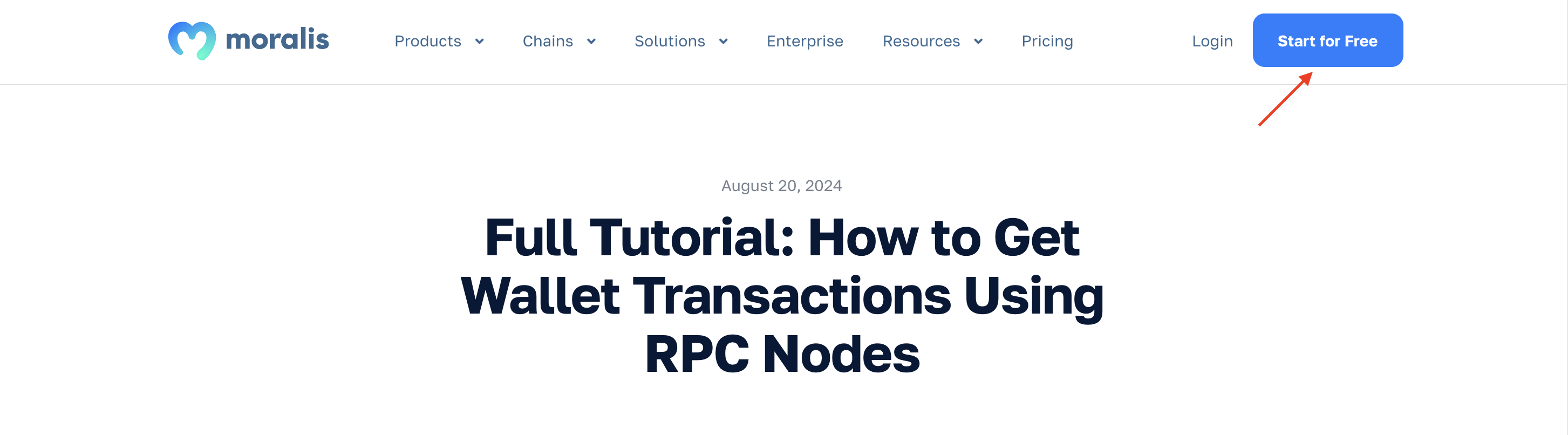 Arrow pointing at "Start for Free" button on Moralis website.