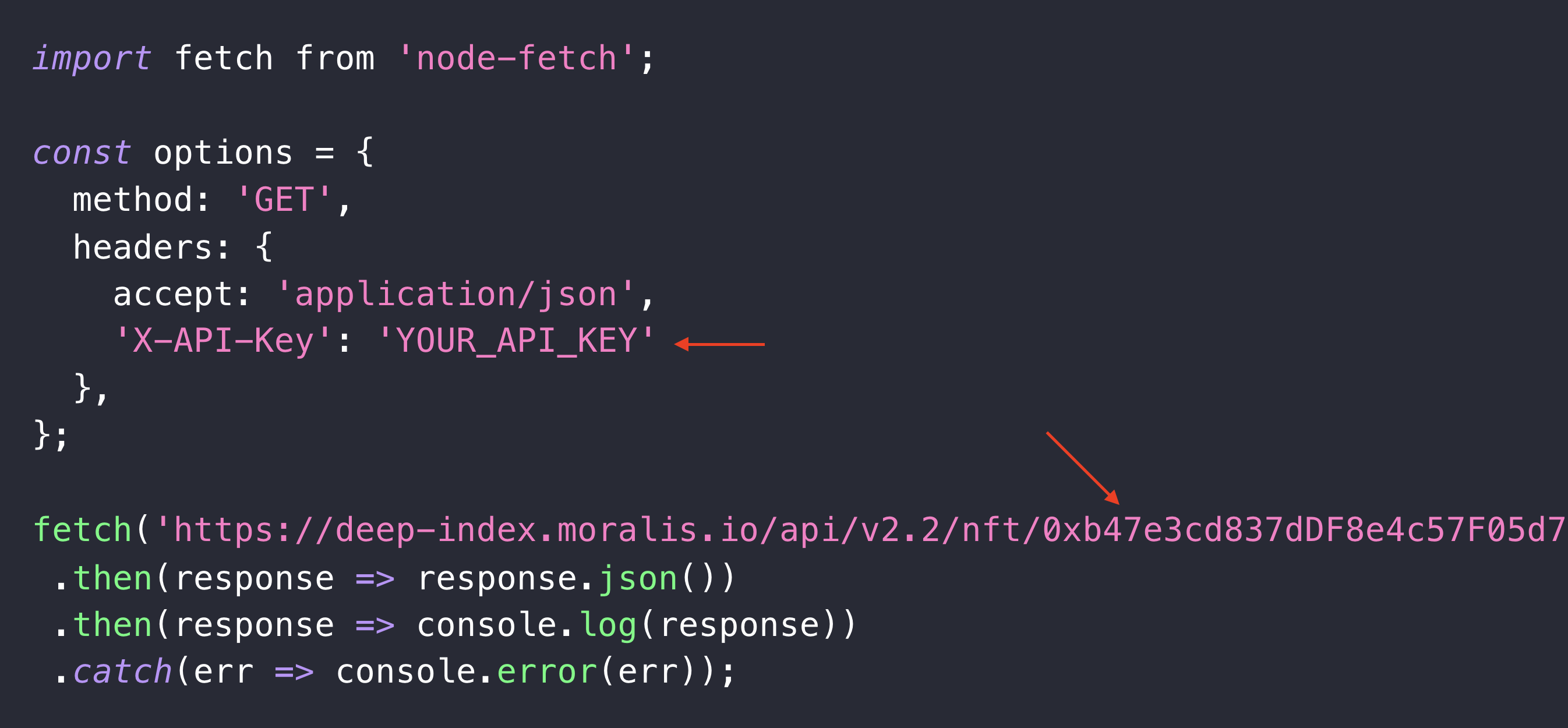 Red arrows pointing at YOUR_API_KEY and address parameter.