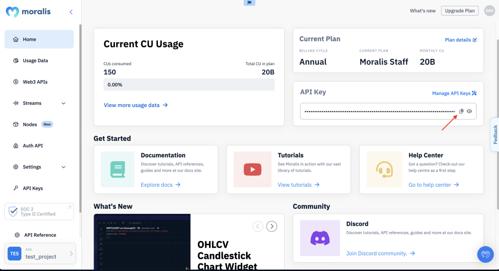 Red arrow pointing at API key button.