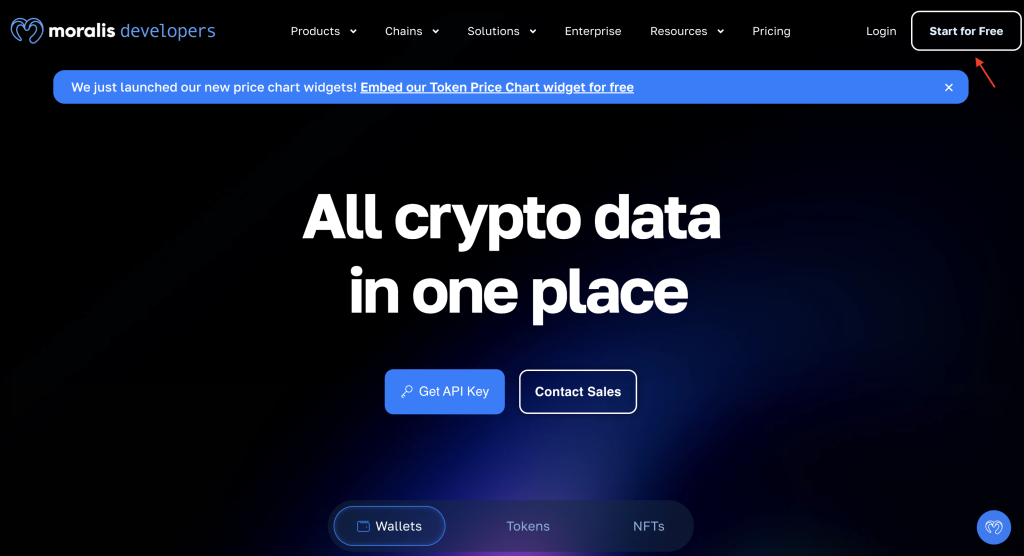 Red arrow pointing at "Start for Free" button on Moralis.