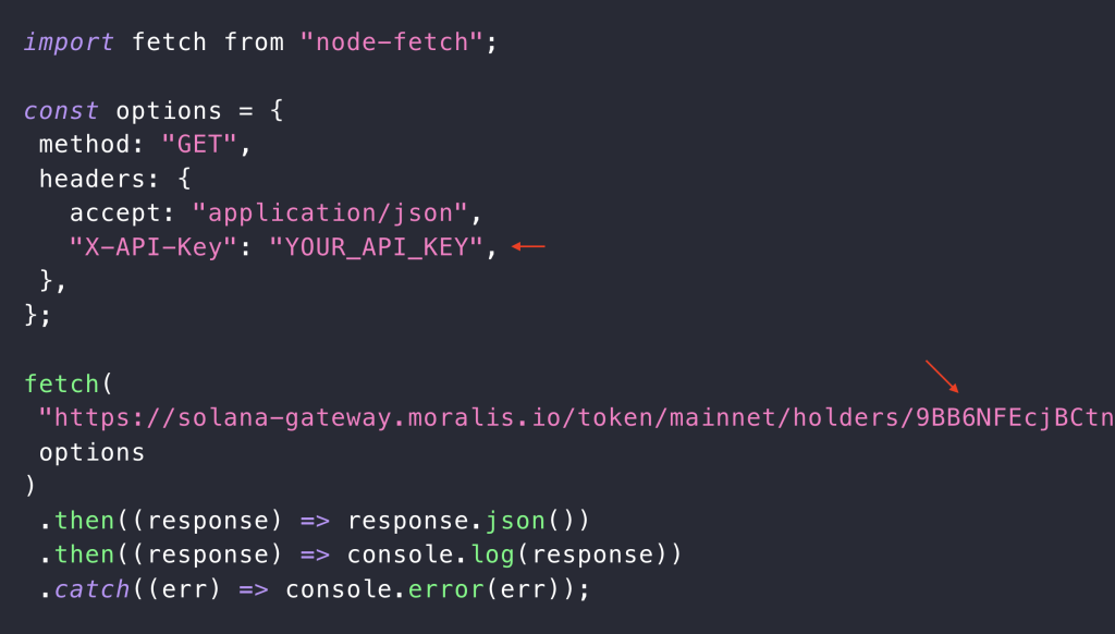 Red arrows pointing at YOUR_API_KEY and token address.