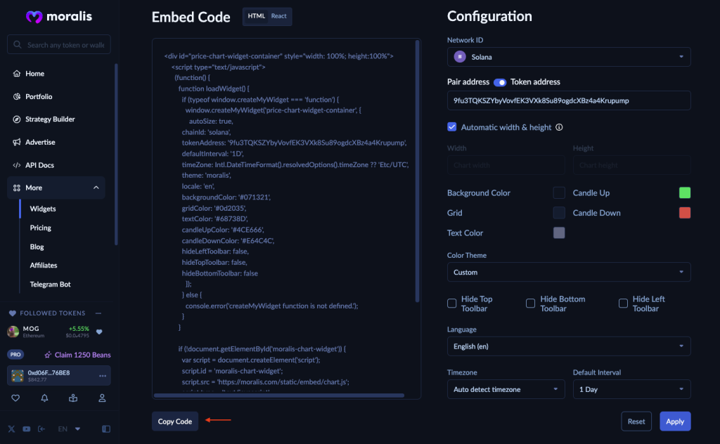 Red arrow pointing at "Copy Code" button on widget page.