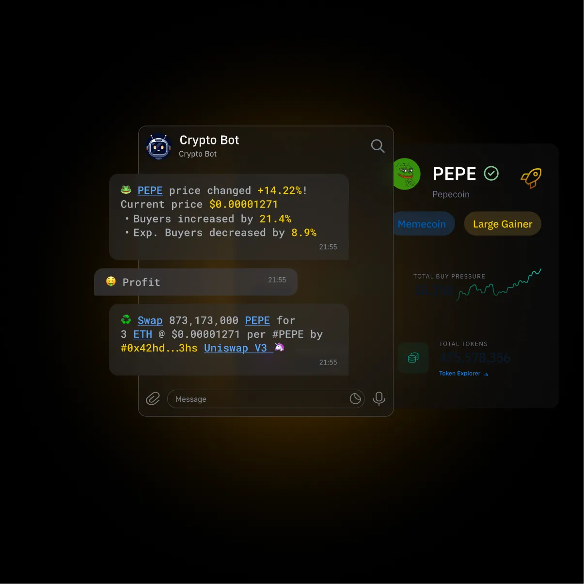 DeFi analytics showing crypto bot tracking, PEPE token stats, buy pressure, and wallet transaction insights for trading and dashboard applications.