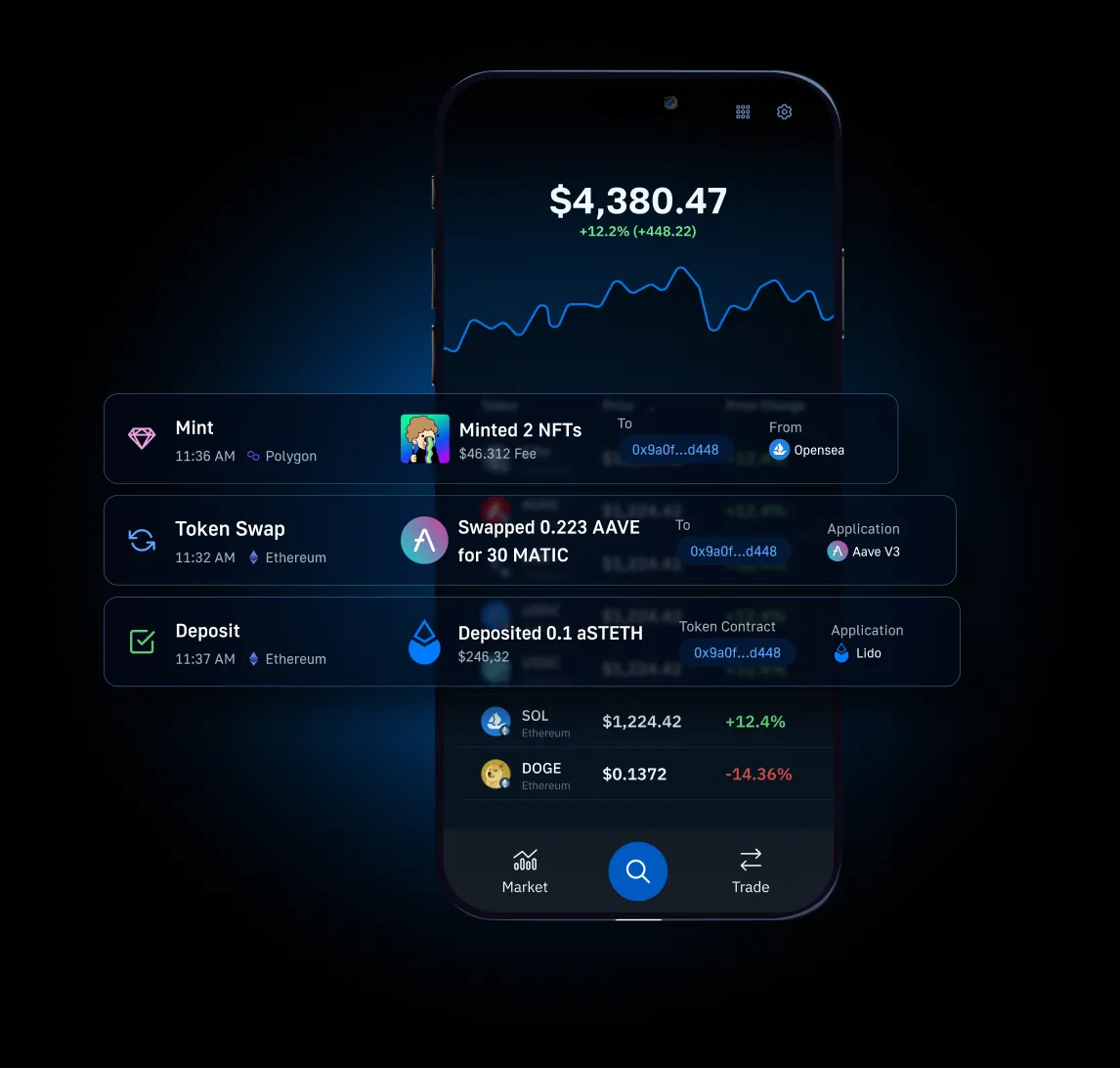 Wallet UI Preview showing real-time balances and transactions