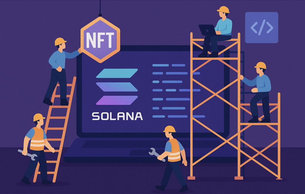 Small figures working on a Solana NFT app.