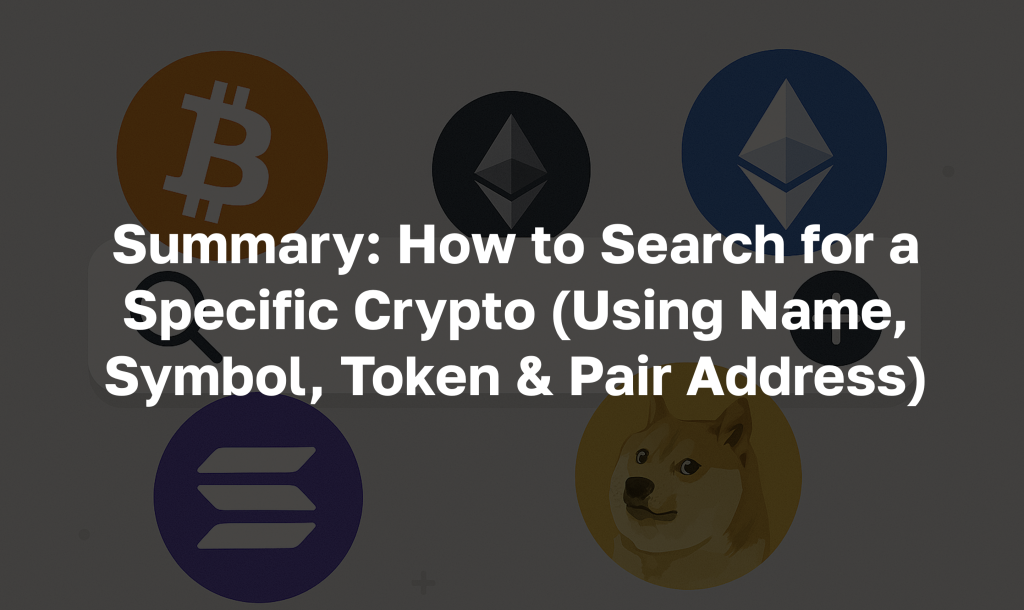 Text: "Summary: How to Search for a Specific Crypto (Using Name, Symbol, Token & Pair Address)"