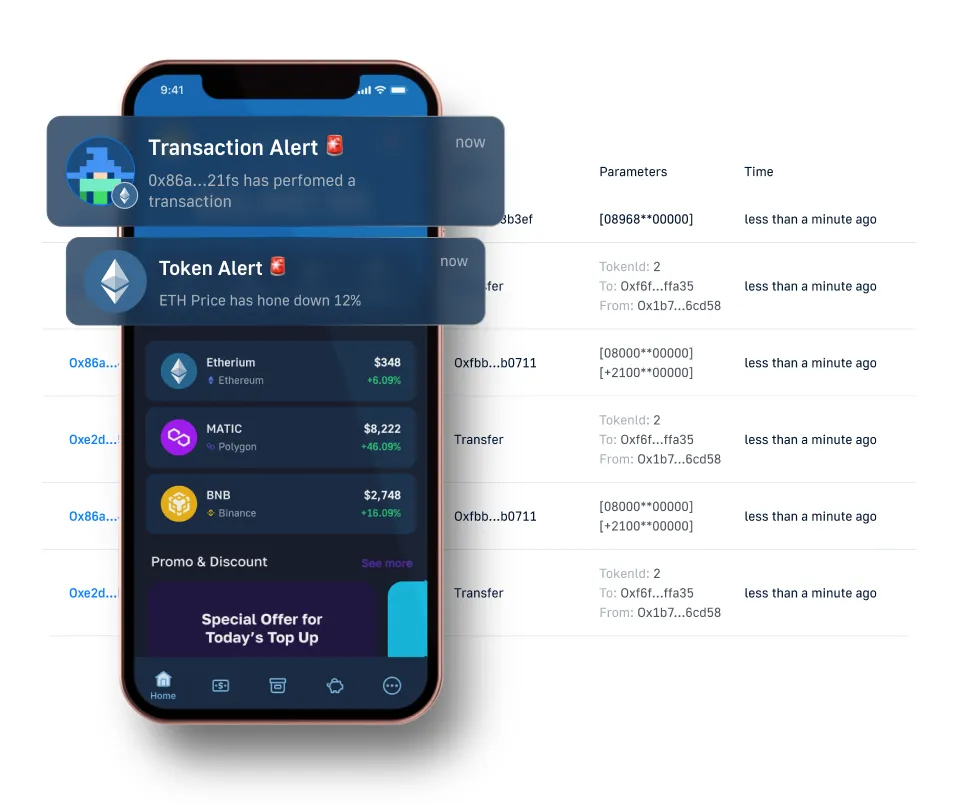 Smart contract event alerts and wallet transaction logs in a DeFi mobile app using Moralis Blockchain API