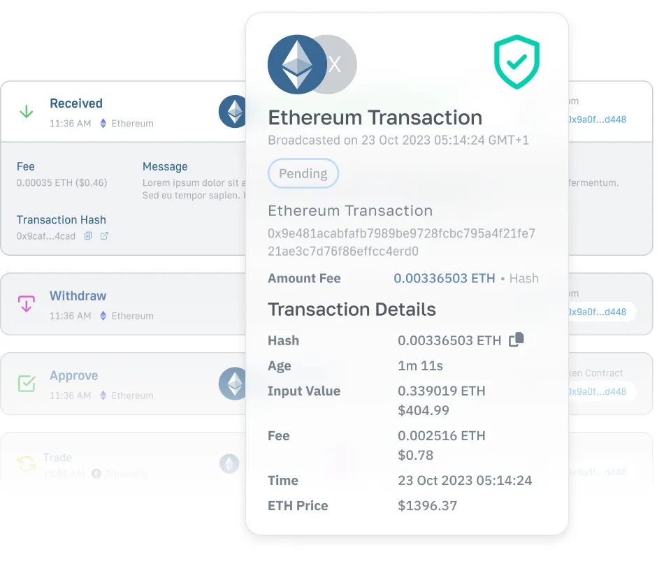 Ethereum transaction activity view showing status, hash, fee, and smart contract message using Moralis Blockchain API