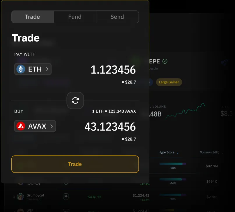 DeFi trading platform interface showing token swap from ETH to AVAX with wallet and real-time pricing