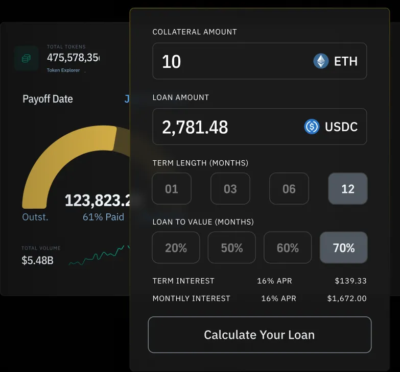 Lending and staking calculator interface with loan options